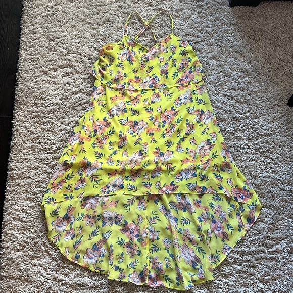 Neon Yellow with Floral Pattern Chiffon High/Low Dress - Picture 3 of 11